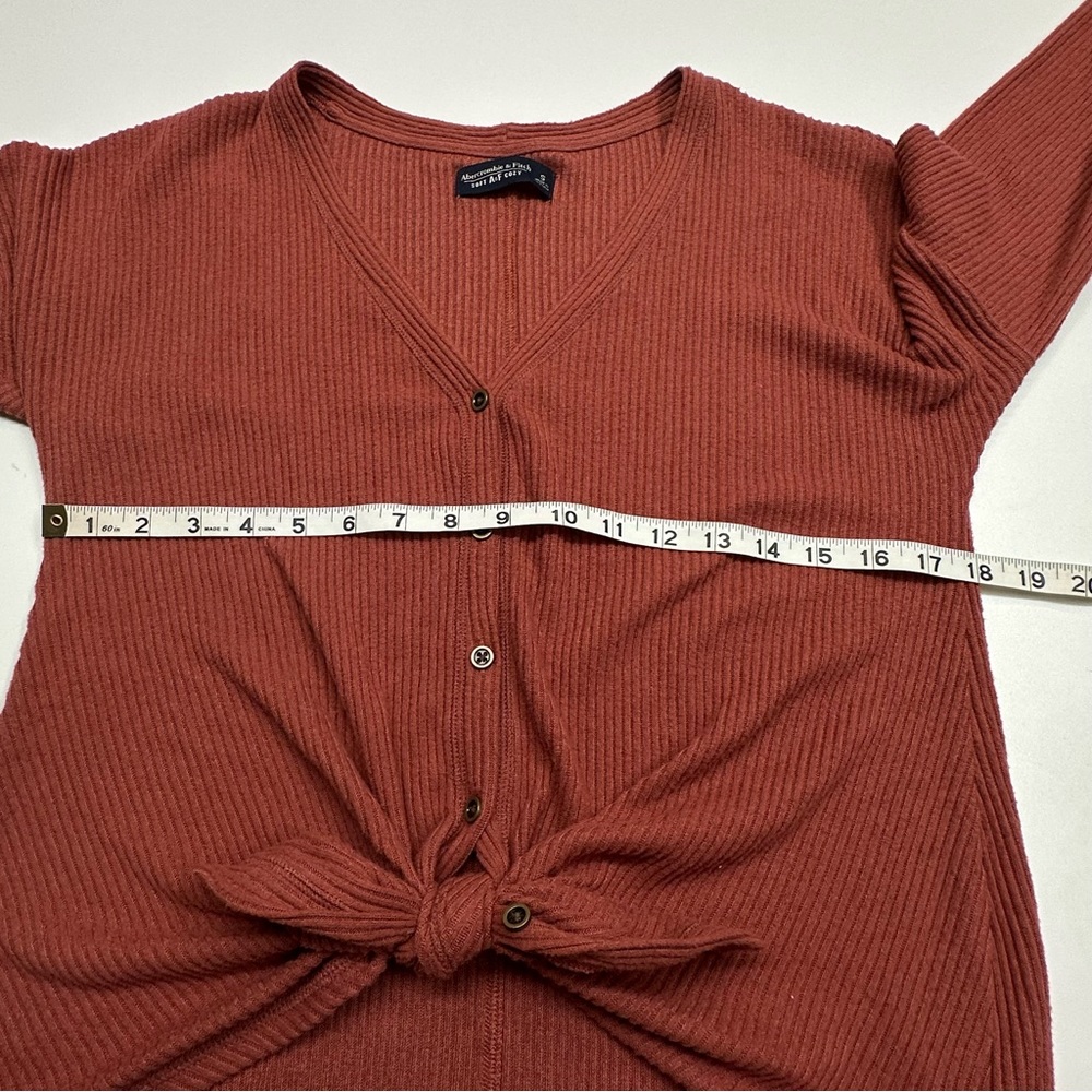 Abercrombie & Fitch Warm Rust Hacci Ribbed Knit Tie Front V Neck Button Down - Picture 6 of 7